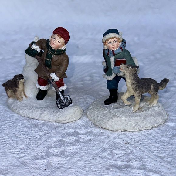 Mervyn's Village Square 1995 Girl boys With Dog Snow Set Of 2 Figurine - Picture 1 of 6